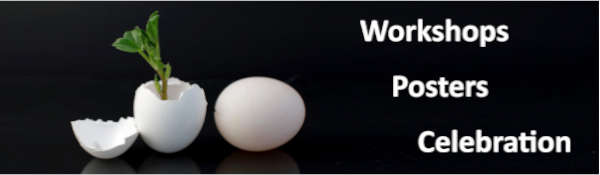 Image of egg and green shoots against black background, with wording Workshops Posters Celebration