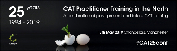 25 years of CAT Practitioner Training in the North banner - black background with gree Catalyse Logo, conference details and image of eggshell with small green shoot growing out of it