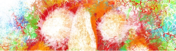 Detail from Synergy 1 - by Shanali Perera - abstract of two white heads in profile with hands pressing together, against abstract background of orange, cerise and green hues