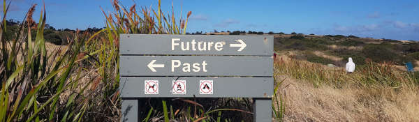 Painted wooden sign pointing to past and future