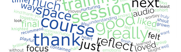 Wordcloud image showing feedback from the last Catalyse Practitioner Trainee cohort on their last day of teaching, in greens, blue and black