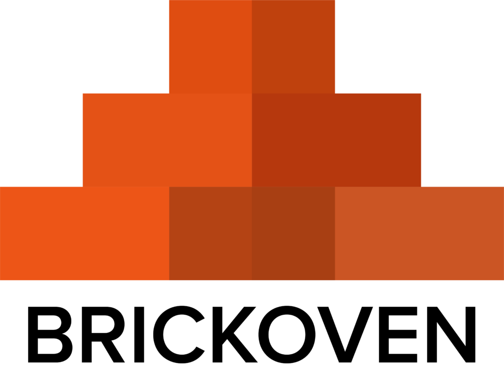 Brickoven logo showing a flat triangle of 12 stacked bricks in orange and brown hues
