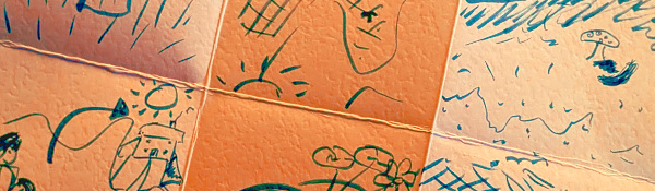 Roughly hand-drawn images in a panel of six sections