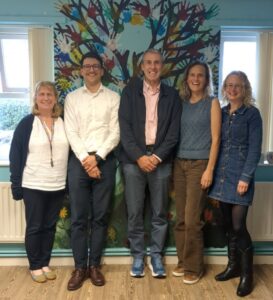 Five smiling people in front of a hand-painted tree image
